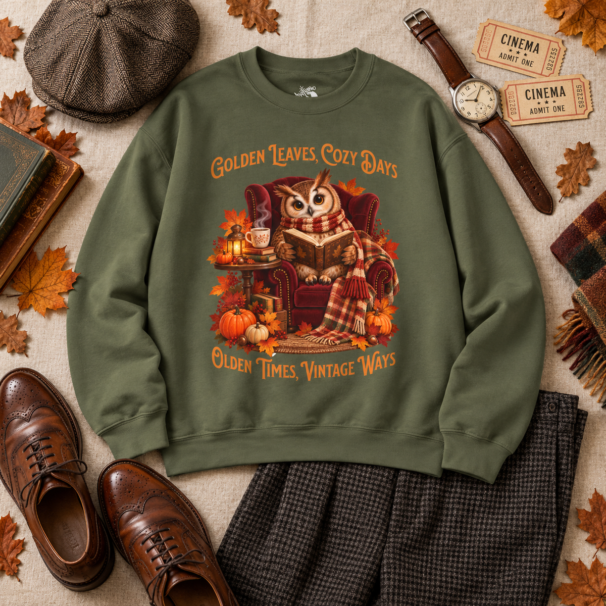 An olive green crewneck sweatshirt with a cozy owl graphic, styled in a flat lay with autumn leaves, brown leather shoes, a watch, a newsboy cap, vintage theater tickets, and a plaid scarf on a neutral fabric background.