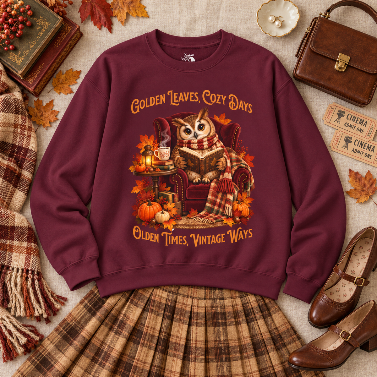 A maroon crewneck sweatshirt with a vintage owl cozy autumn graphic, styled in a flat lay with a plaid skirt, brown shoes, a purse, vintage theater tickets, and fall leaves on a neutral fabric background.