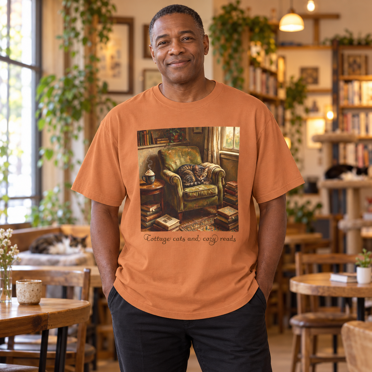 A man wearing an orange crewneck t-shirt with a graphic print of a cozy reading nook and the text 'Cottage cats and cozy reads'. He is standing in a warm, cat cafe/bookstore.