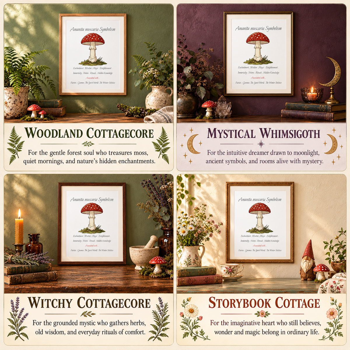 A 2x2 collage showing four framed art prints with the Amanita muscaria symbolism print and decorative text labels: Woodland Cottagecore, Mystical Whimsigoth, Witchy Cottagecore, and Storybook Cottage. Each panel includes a styled room scene with plants, candles, books, and rustic decor.