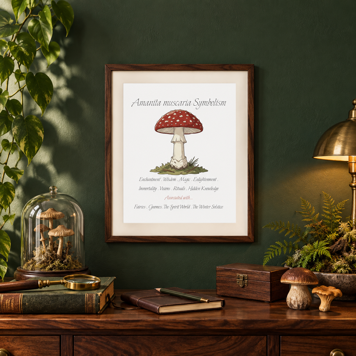 A framed botanical art print featuring a red-and-white mushroom illustration and the text 'Amanita muscaria Symbolism' hangs on a dark green wall above a wooden console table styled with books, a glass cloche, ferns, a compass, a book, a journal with a pencil, mushroom figures, a small wooden box, and a brass lamp.