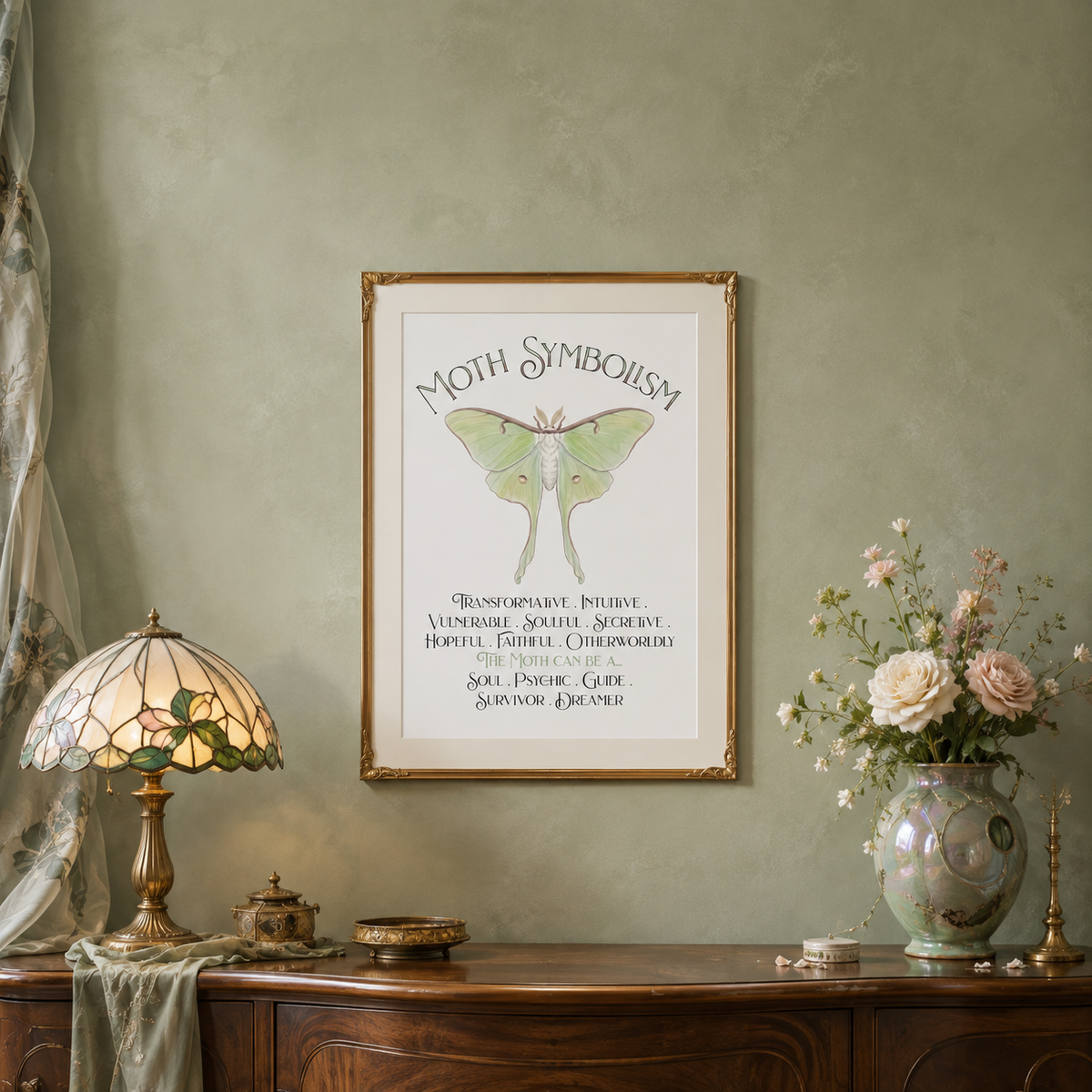 A framed art print featuring 'Moth Symbolism' with a green luna moth illustration, displayed on a textured sage green wall above a wooden console table decorated with a stained glass table lamp, a vase of pink flowers, and small decorative objects.