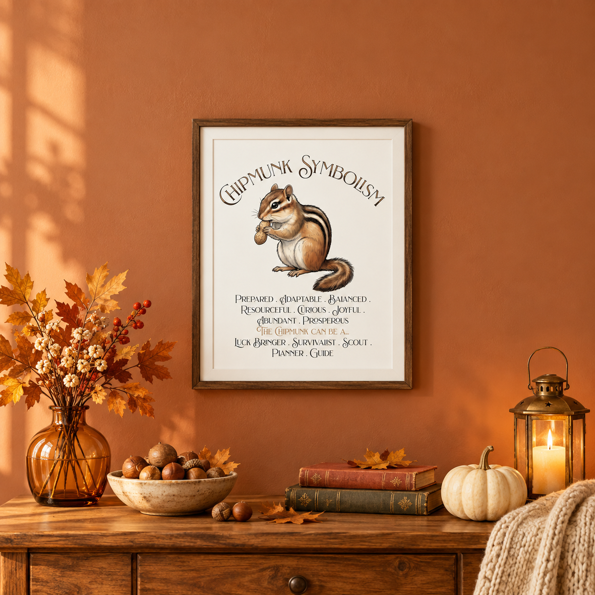 A framed art print titled 'Chipmunk Symbolism' featuring an illustration of a chipmunk, hanging on a warm terracotta wall above a rustic wooden table with autumn decor including a vase of leaves, a bowl of nuts, books, a pumpkin, a blanket, and a lantern.
