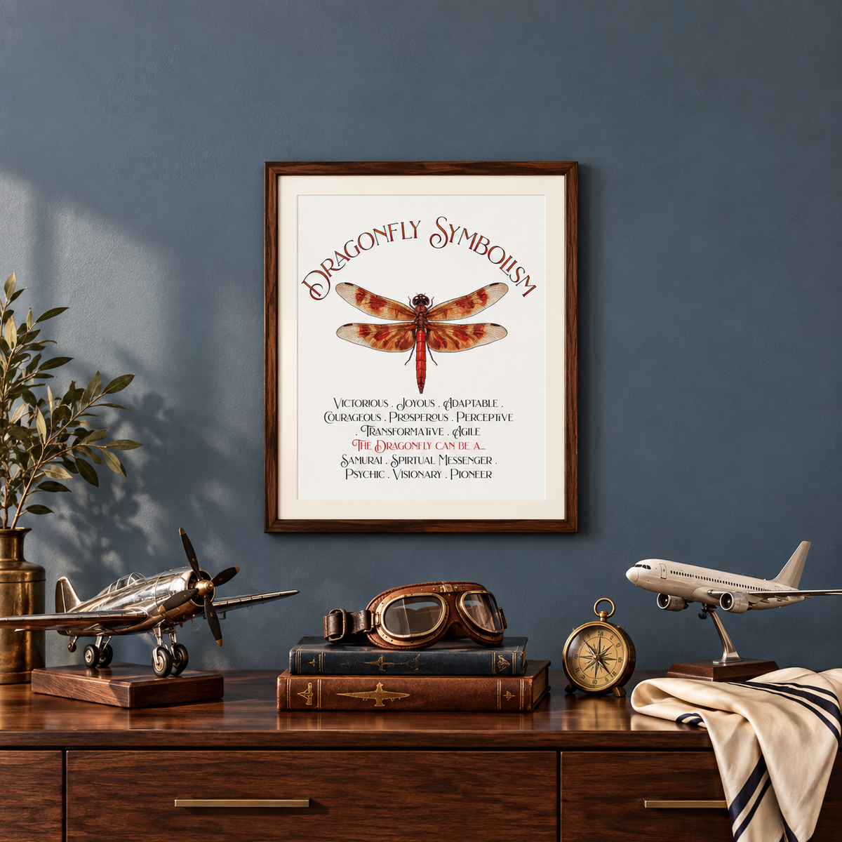 A framed art print titled 'Dragonfly Symbolism' featuring a vintage-style dragonfly illustration and text, displayed on a dark blue wall above a wooden console table with model airplanes, aviator goggles, books, a pilot's silk scarf, and a compass.