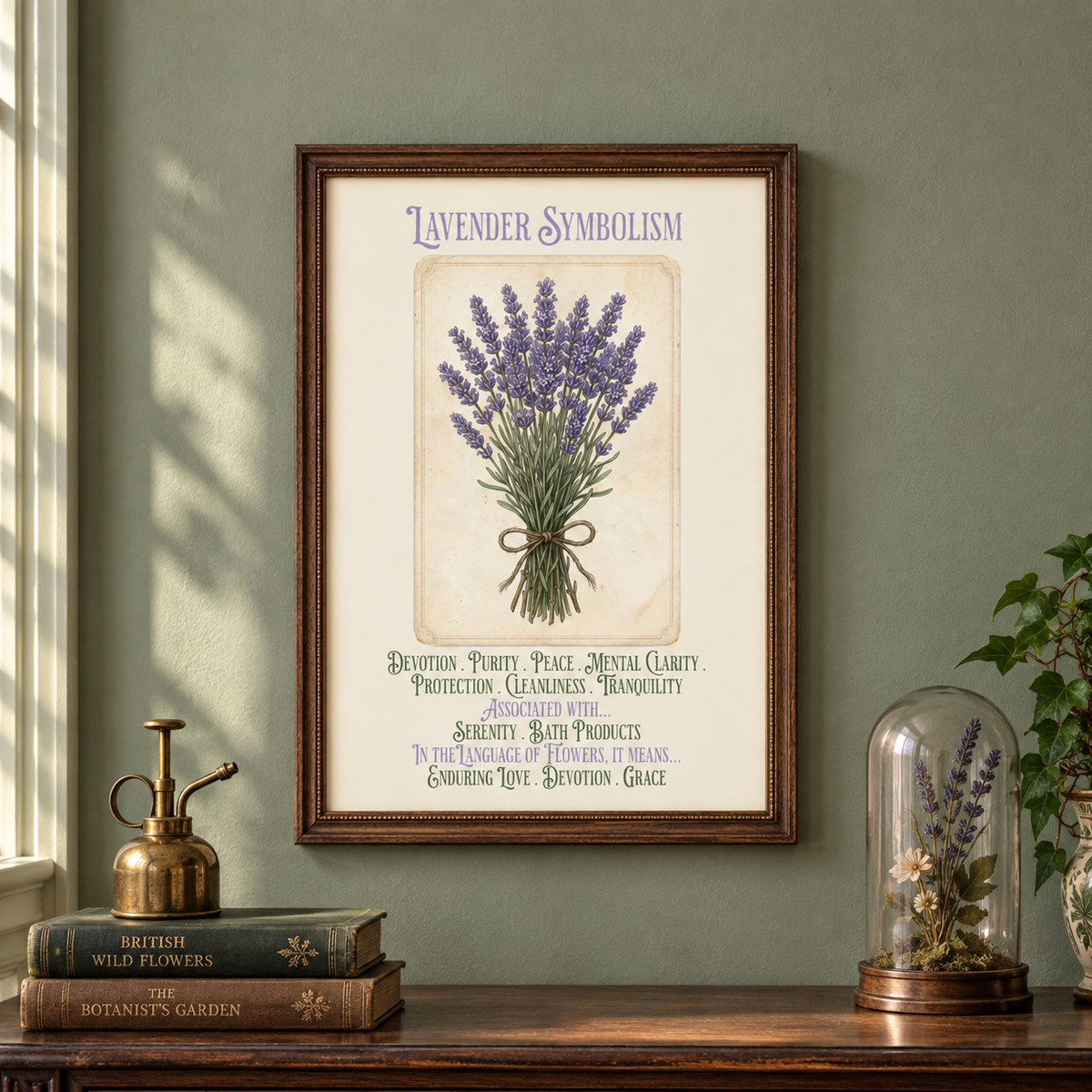 A framed botanical art print titled 'Lavender Symbolism' hangs on a sage green wall above a wooden console table that has a water spritzer on top of a stack of books, a potted plant, and a display of dried flowers.