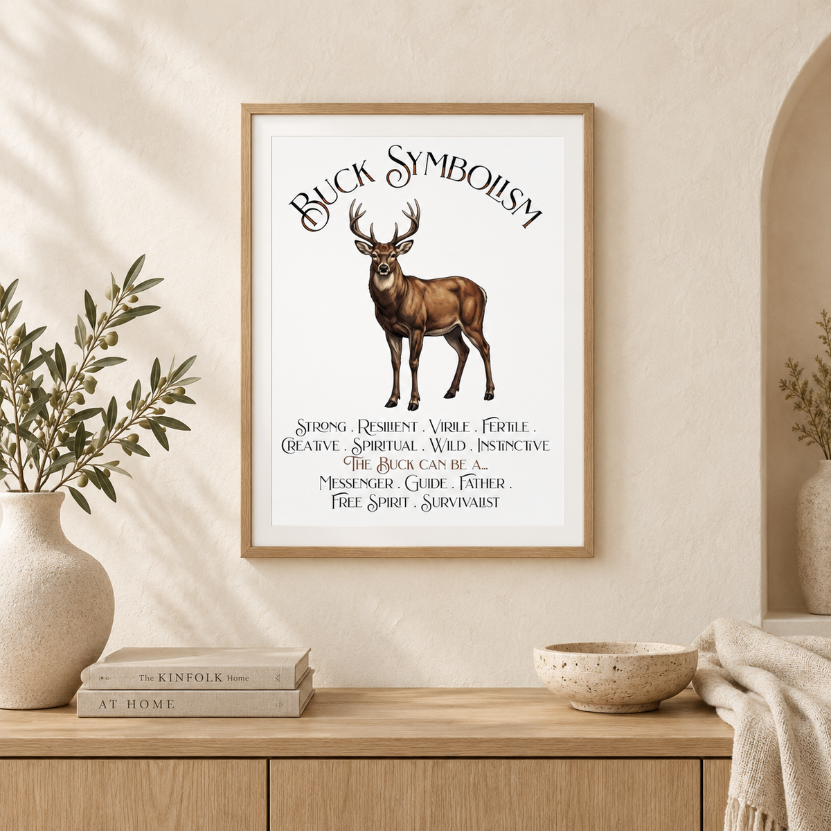 A framed art print featuring a male deer illustration and the text 'Buck Symbolism' displayed on a light wood console table against a beige wall, with decorative plants, books, and a bowl nearby.