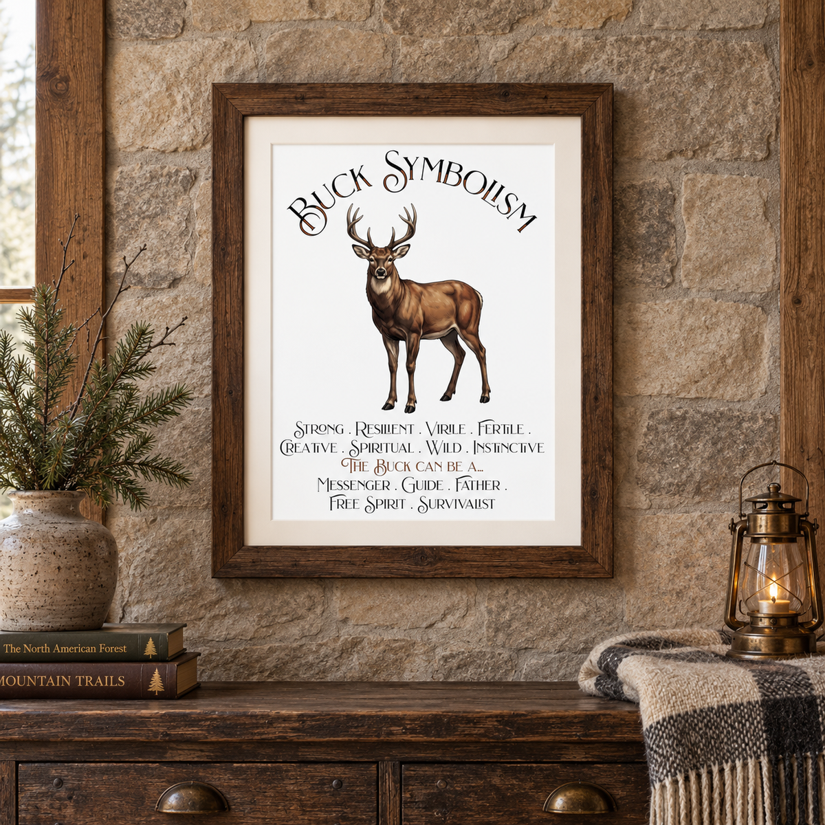 A framed art print featuring a brown male deer illustration and the text 'Buck Symbolism' with additional text below, displayed on a rustic wooden dresser against a stone wall with a blanket, books, lantern and plant nearby.