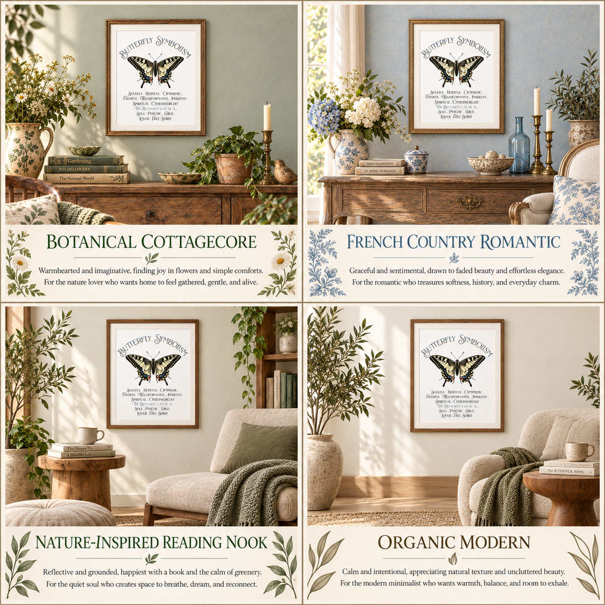 A four-panel collage showing framed butterfly symbolism wall art in different interior settings. Each panel includes a butterfly and text design with a title: Botanical Cottagecore, French Country Romantic, Nature-Inspired Reading Nook, and Organic Modern.