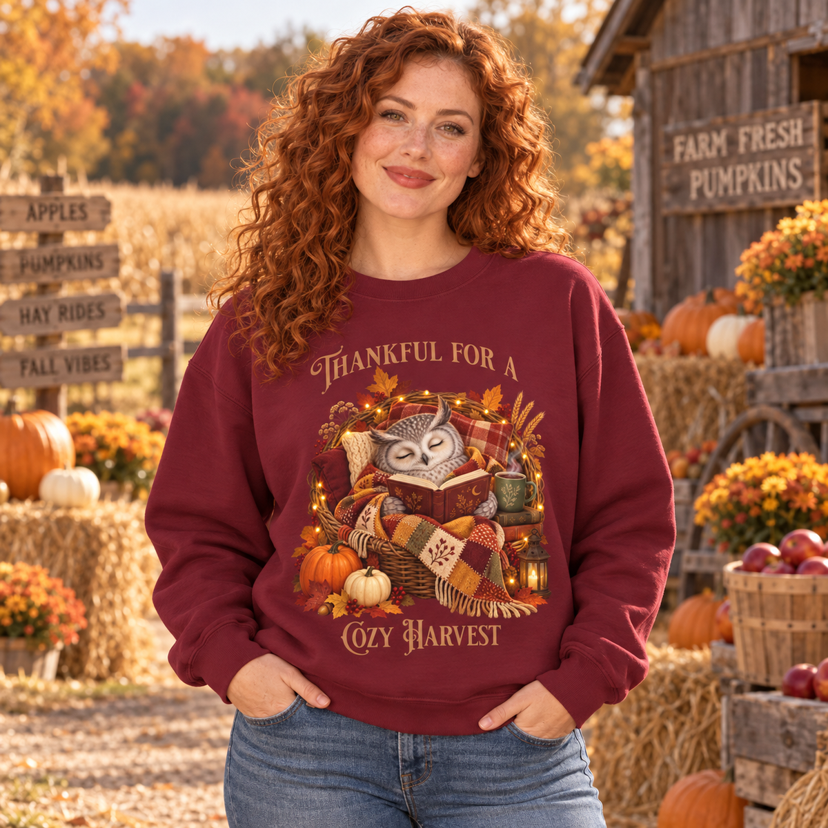A woman with curly red hair stands outdoors in a fall-themed setting wearing a burgundy crewneck sweatshirt with a cozy owl curled up in a basket with pillows and a plaid blanket. Surrounding the illustration is the text 'THANKFUL FOR A COZY HARVEST'.