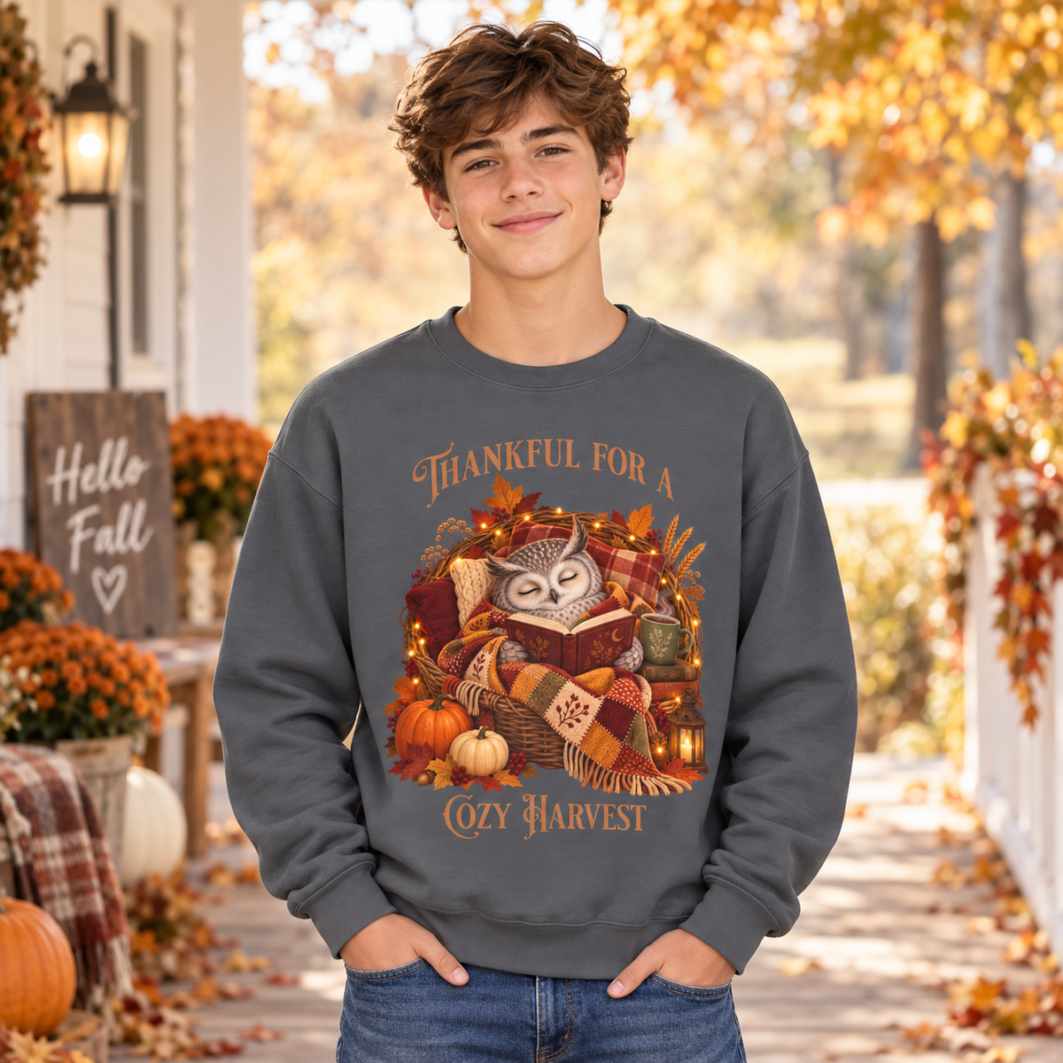 A young man wearing a dark gray crewneck sweatshirt with a cozy autumn owl graphic and the text, 'THANKFUL FOR A COZY HARVEST'. The boy's background is a blurred fall porch scene with pumpkins, orange foliage, and warm lighting.