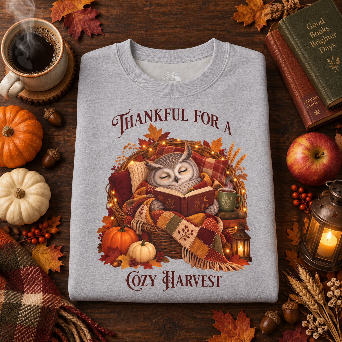 A folded light heathered gray crewneck sweatshirt with a cozy autumn owl graphic and words that say, 'Thankful for a Cozy Harvest'. The shirt is styled on a dark wooden table with fall leaves, pumpkins, an apple, a cup of coffee, books, and a lantern.