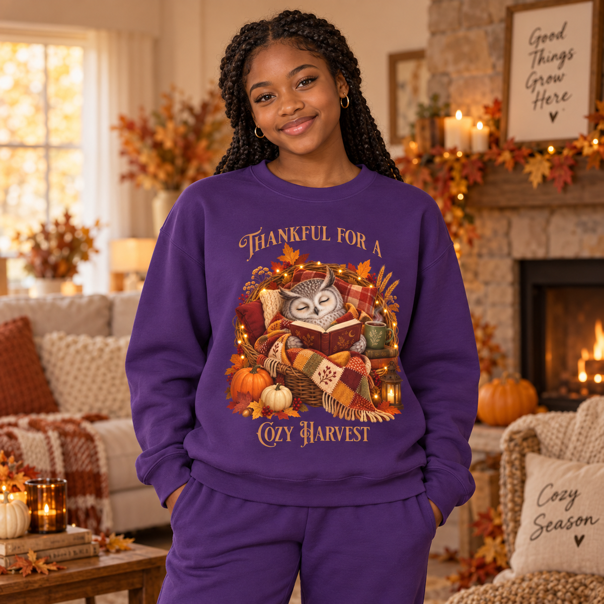A woman wearing a purple sweatshirt and matching sweatpants stands in a cozy, fall-themed living room. The sweatshirt features a graphic of an owl holding a book surrounded by pumpkins, autumn leaves, and a lantern, with the text 'Thankful For a Cozy Harvest'.