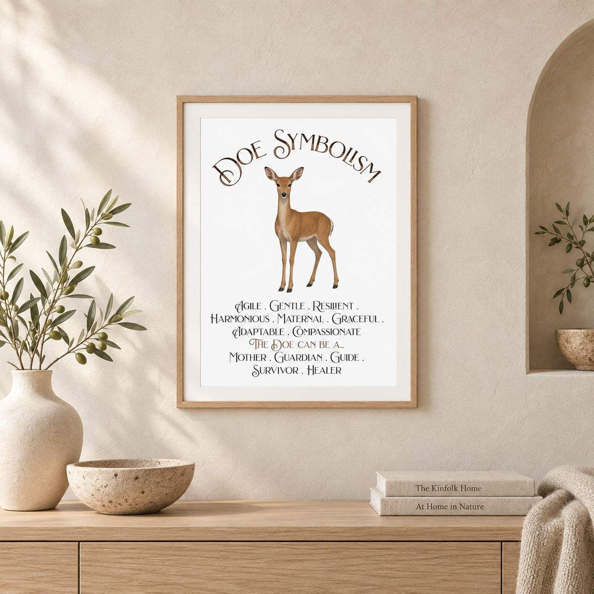 A framed art print featuring a deer illustration and the text 'Doe Symbolism' with descriptive words beneath, displayed on a beige wall above a wooden console table with a decorative vase, bowl, blanket, and books.
