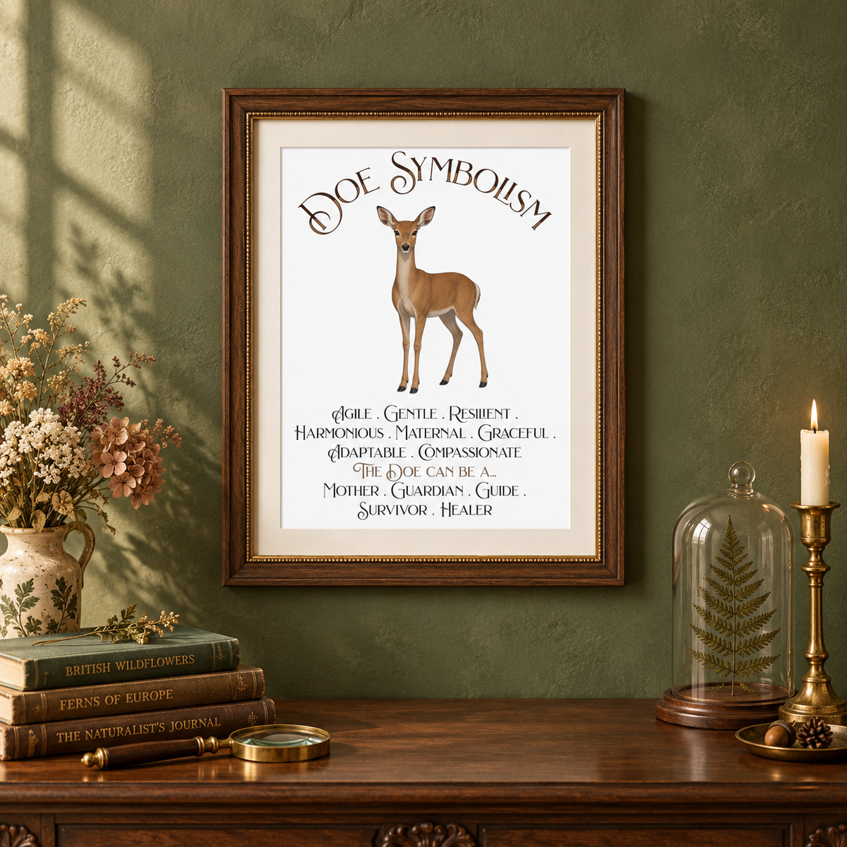 Framed wall art featuring a deer illustration and the text 'Doe Symbolism' displayed on a dark wood console table against a textured olive green wall, with books, a vase of flowers, a candle, and a glass cloche nearby.
