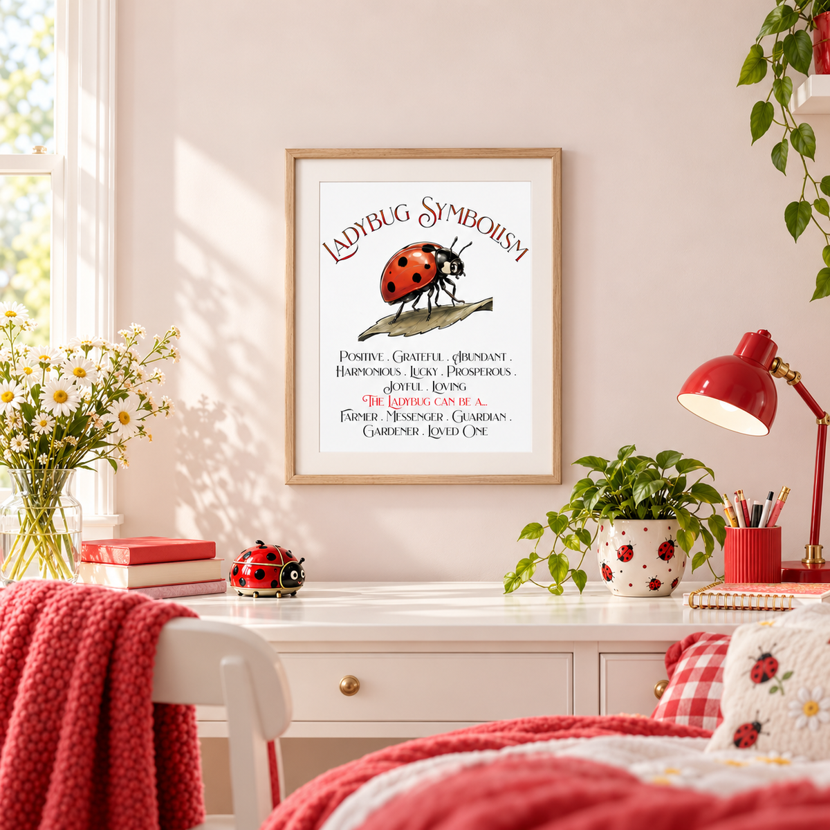 A framed poster titled 'Ladybug Symbolism' featuring a ladybug illustration and text, displayed on a wall above a white desk in a styled room with red knit blankets, a red lamp, ladybug figurine, flowers, and a potted plant.