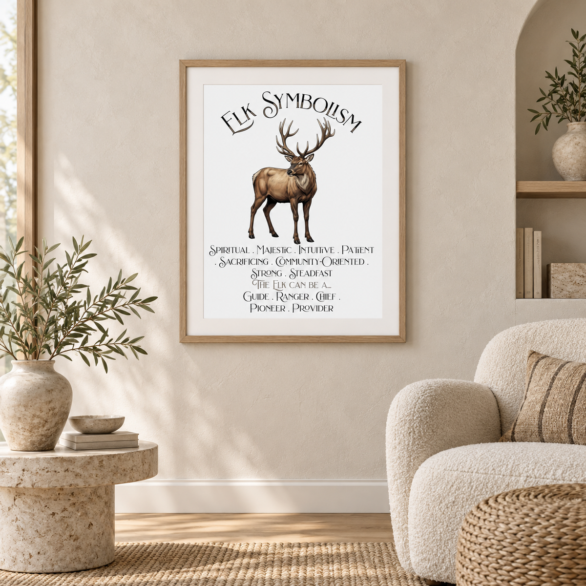 A framed art print titled 'ELK SYMBOLISM' featuring a detailed illustration of an elk with antlers and text beneath it, displayed on a beige wall in a styled living room setting with a textured armchair, side table, and plants.