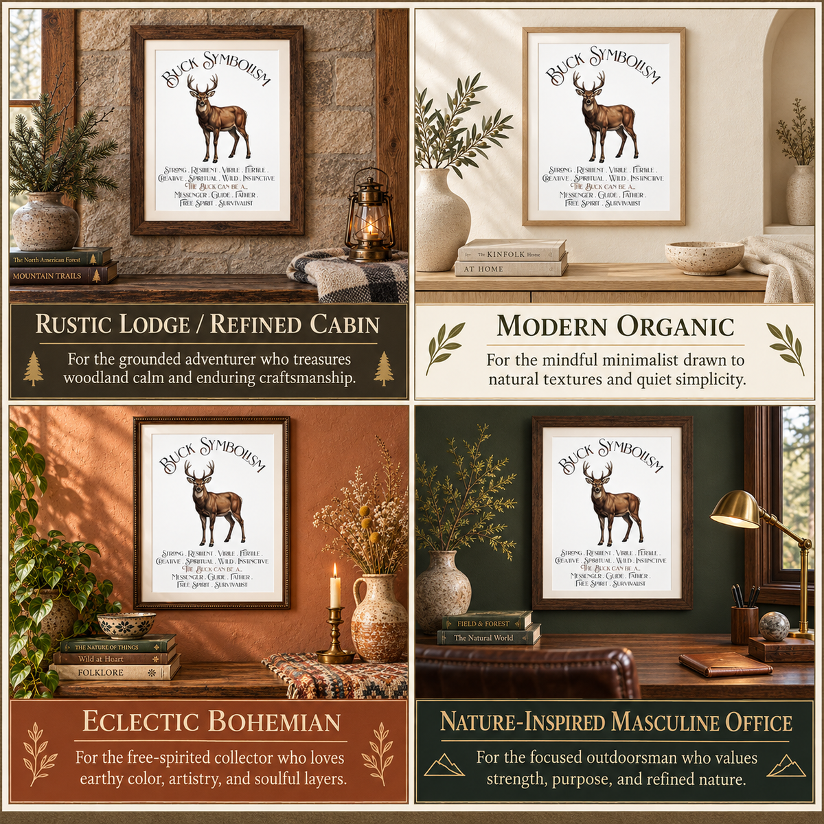 A four-panel collage showing framed Buck Symbolism art prints styled in different interior settings. The prints feature a brown deer illustration and text describing the different room styles: Rustic Lodge/Refined Cabin, Modern Organic, Eclectic Bohemian, Nature-Inspired Masculine Office