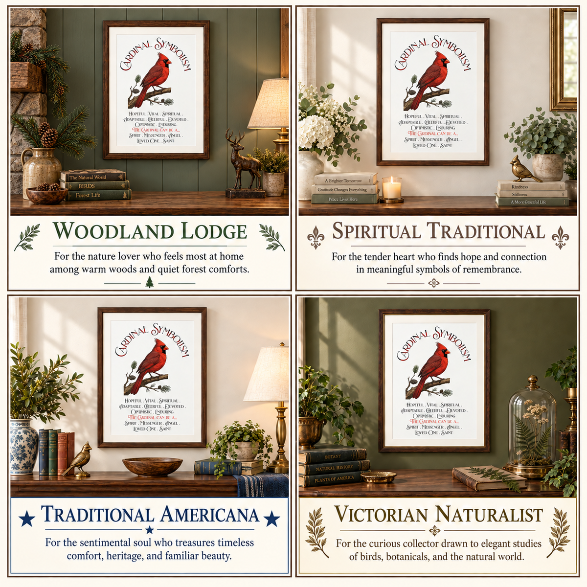 A 2x2 collage showing four Cardinal Symbolism art prints in different decorative room settings, labeled Woodland Lodge, Spiritual Traditional, Traditional Americana, and Victorian Naturalist.