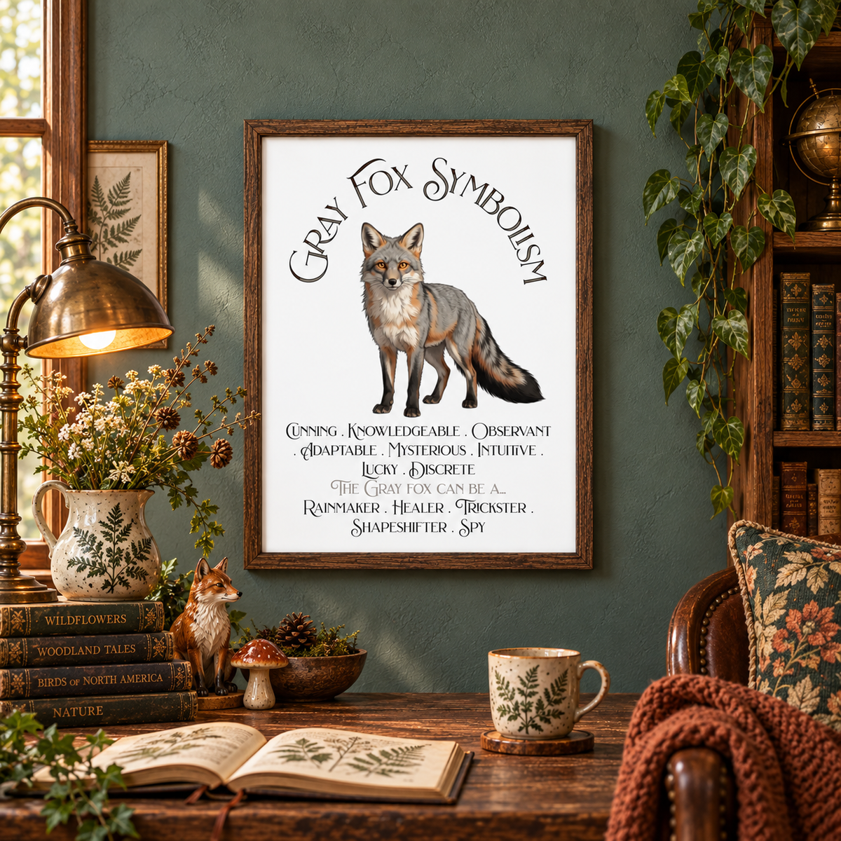 A framed art print featuring a gray fox illustration and the text 'Gray Fox Symbolism' is displayed on a dark green wall in a cozy, rustic room setting with a wooden desk, lamp, fox figurine, books, and a mug. Nearby is a bookcase and a leather chair with a pillow and woven blanket.