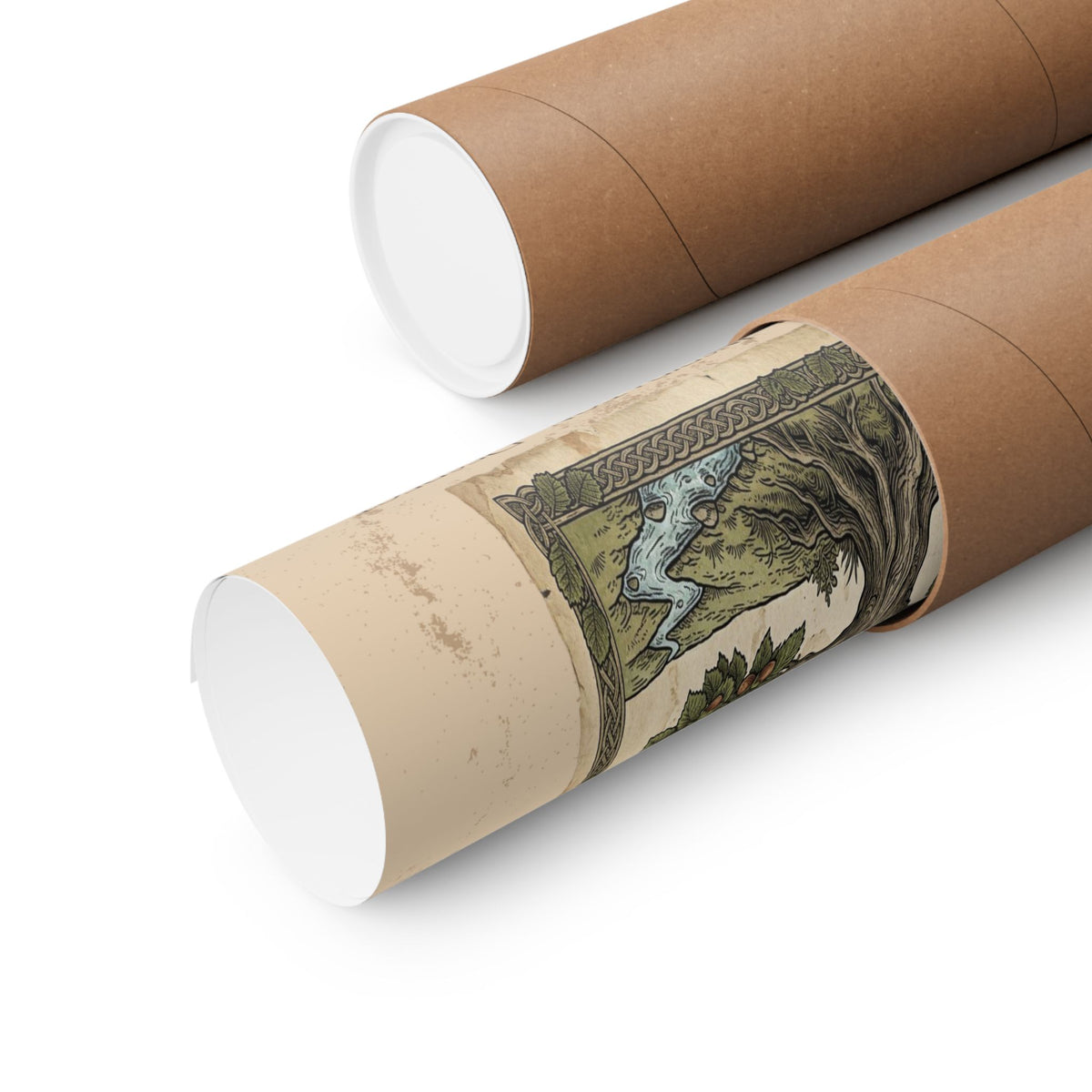 Two brown cardboard mailing tubes on a white background, with one tube open to show a rolled up poster.