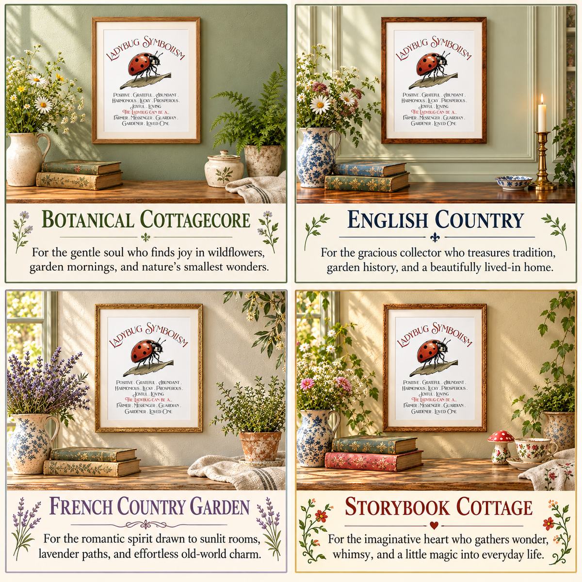 A 2x2 collage showing four framed ladybug symbolism displayed in different home interiors. The designs include ladybug prints and the titles 'Botanical Cottagecore,' 'English Country,' 'French Country Garden,' and 'Storybook Cottage.