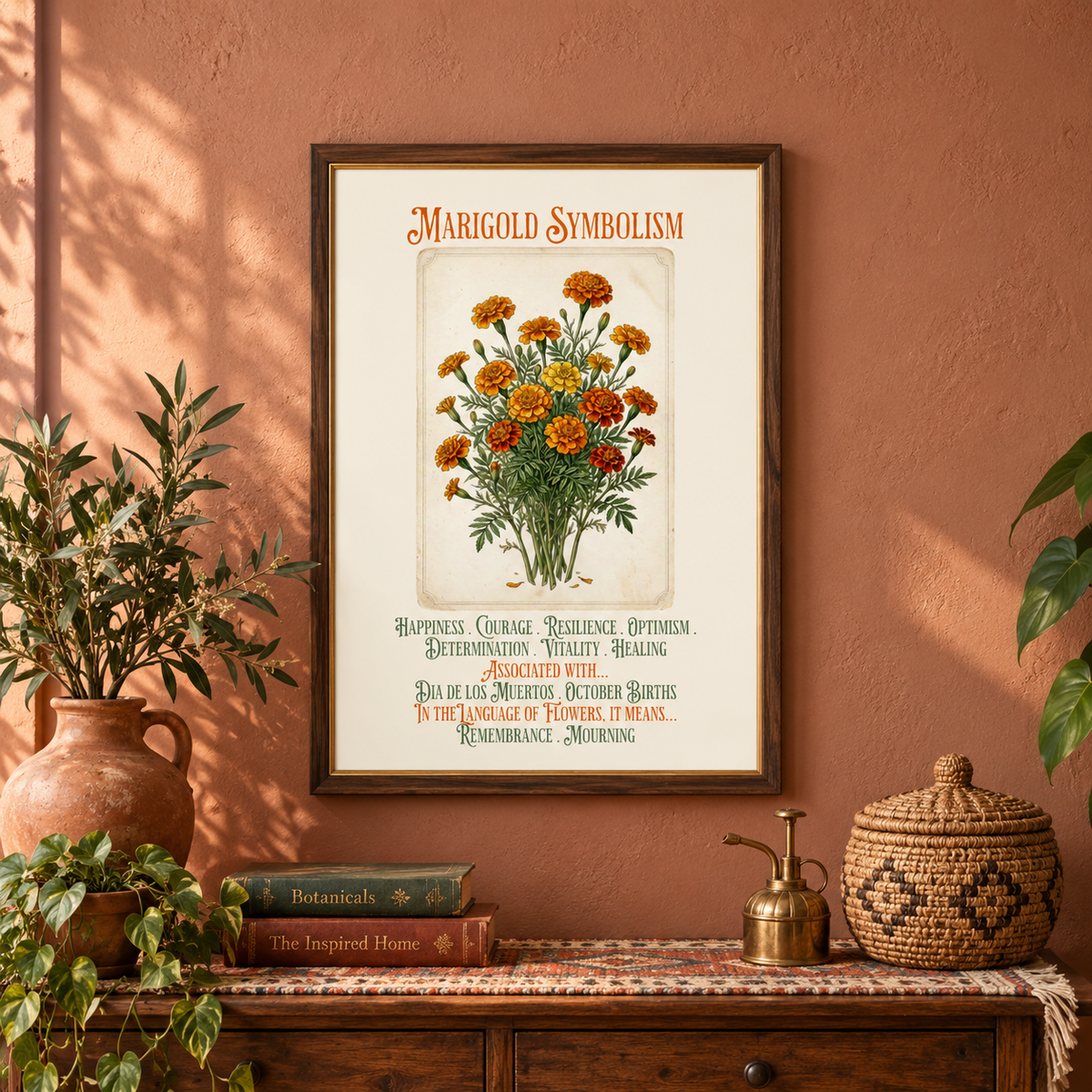 A framed botanical art print titled 'Marigold Symbolism' hangs on a terracotta wall above a wooden console table with potted plants, books, and a woven basket.