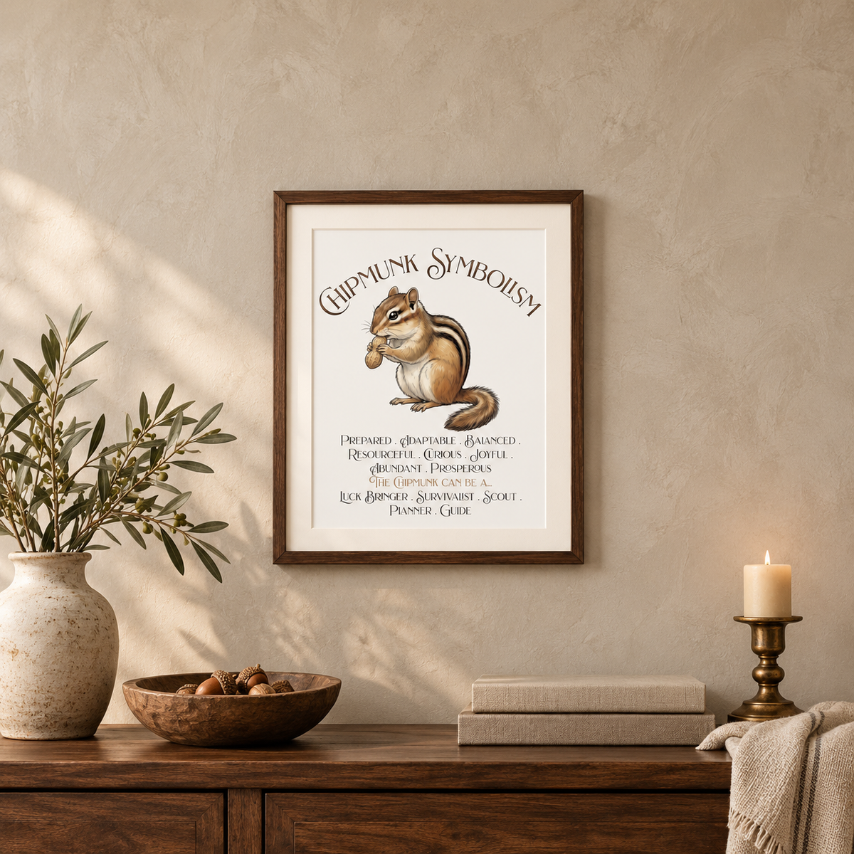 A framed art print featuring a chipmunk illustration and the text 'Chipmunk Symbolism' hangs on a textured beige wall above a wooden console table styled with a vase, bowl, books, and a lit candle.