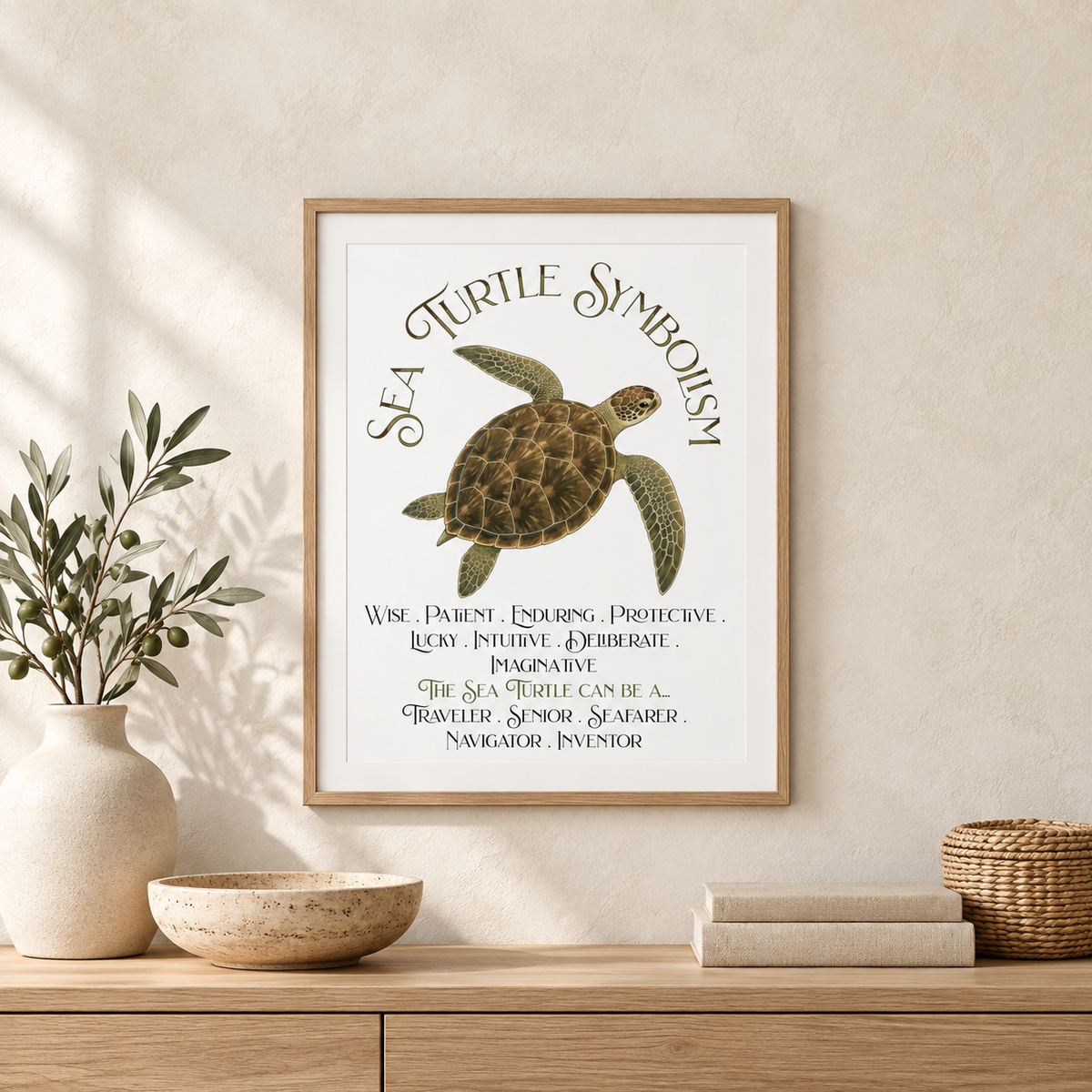 A framed sea turtle symbolism art print is displayed on a textured beige wall above a light wood console table with a woven basket, stack of books, a wood bowl, and a pot with olive branches.