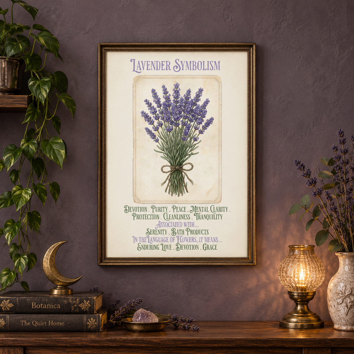 Framed lavender symbolism wall art hanging on a textured mauve wall above a wooden shelf, styled with a plant, books, a brass crescent moon decor piece, a lit lamp, a crystal, and a vase of dried lavender.