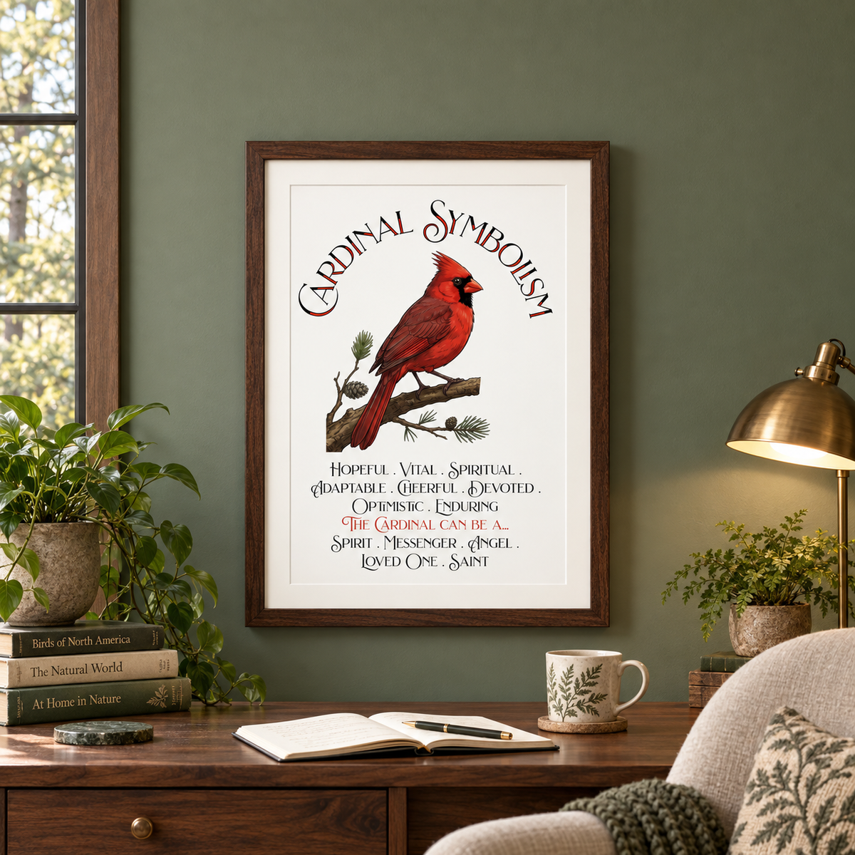 A framed art print featuring a red cardinal and the text 'Cardinal Symbolism' is displayed on a sage green wall in a cozy, cottage room with a wooden desk, plants, a lamp, and a chair.