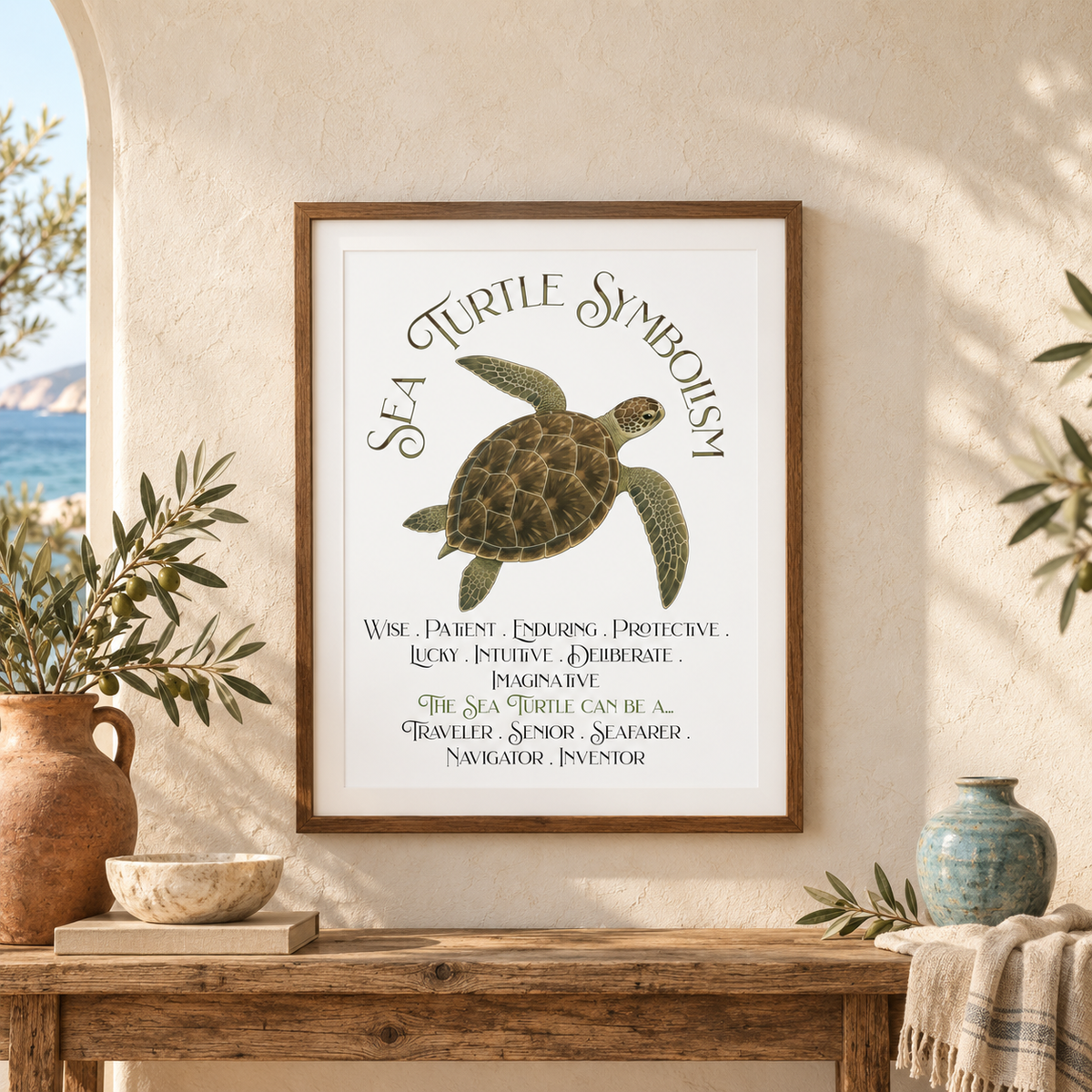 A framed art print featuring a sea turtle illustration and the text 'Sea Turtle Symbolism' displayed against a textured beige wall above a rustic wooden console table, with decorative plants and vases. Nearby is a window showing a coastal view.