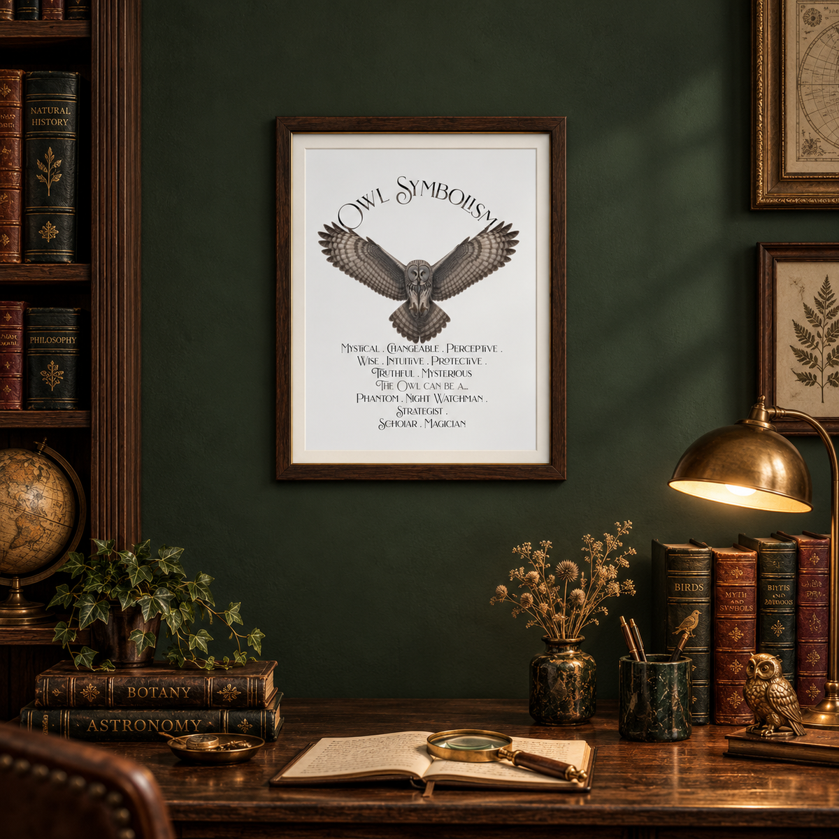 A framed Owl Symbolism poster hangs on a dark green wall above a wooden desk in a styled study.