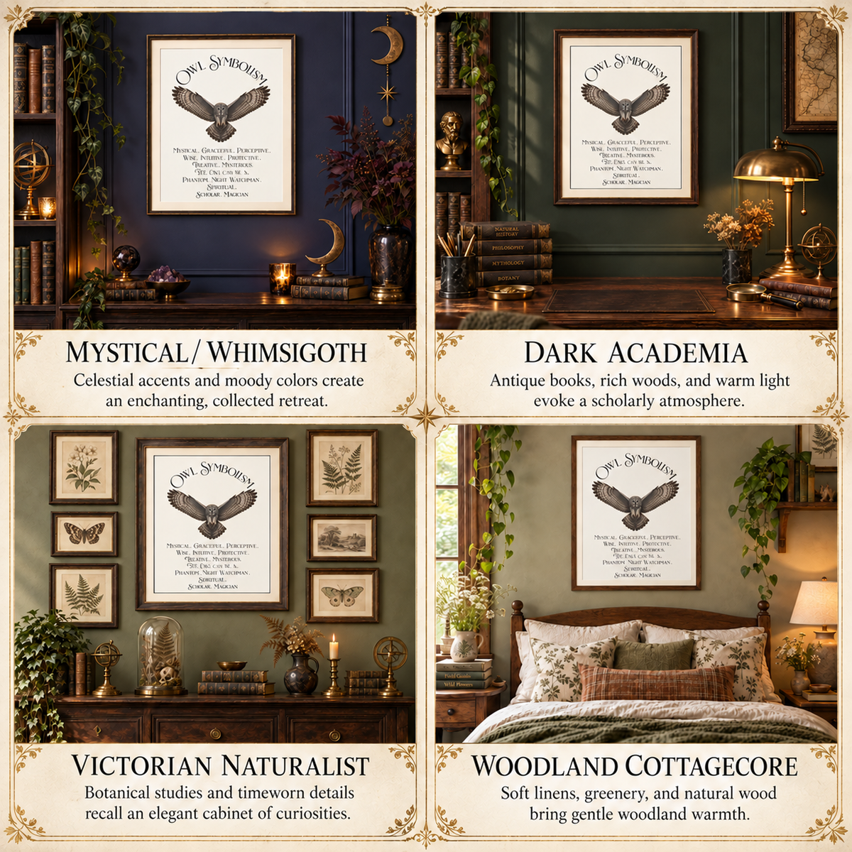 A four-panel collage showing framed owl artwork displayed in different interior room styles, with text labels for design themes: Mystical/Whimsigoth, Dark Academia, Victorian Naturalist, and Woodland Cottagecore.