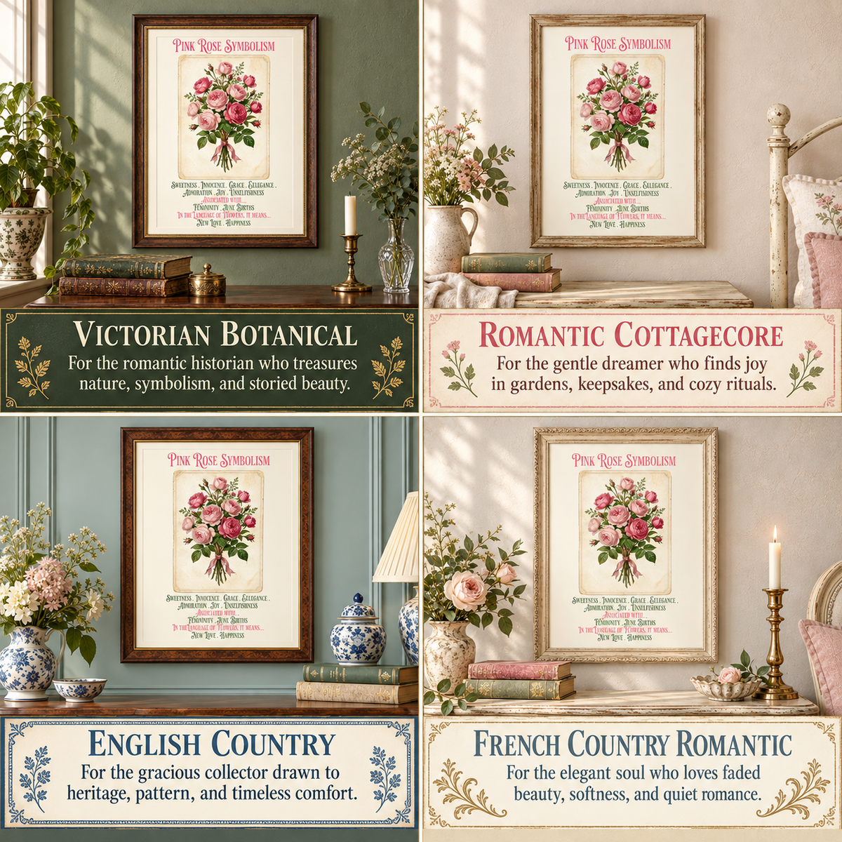 A four-panel collage showing framed Pink Rose Symbolism art prints in different styled interior settings. The prints feature vintage floral illustrations with decorative text, and the panels include the labels Victorian Botanical, Romantic Cottagecore, English Country, and French Country Romantic.