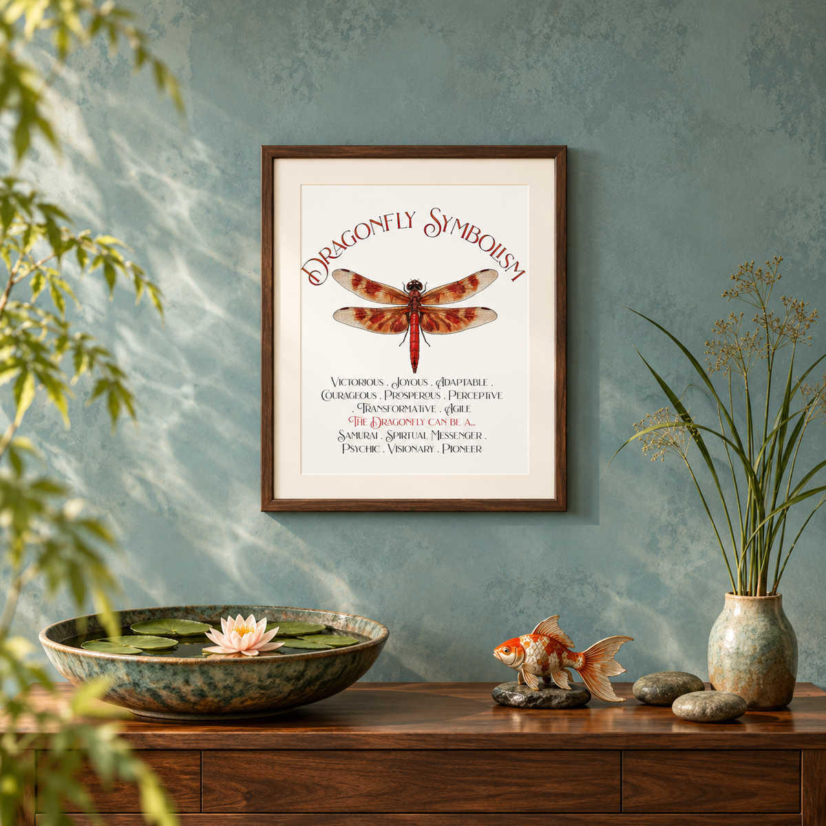 A framed art print titled 'Dragonfly Symbolism' featuring a detailed dragonfly illustration and descriptive text hung on a textured blue wall above a wooden console table with a bowl with a water lily, a goldfish figurine, decorative rocks, and a potted plant.