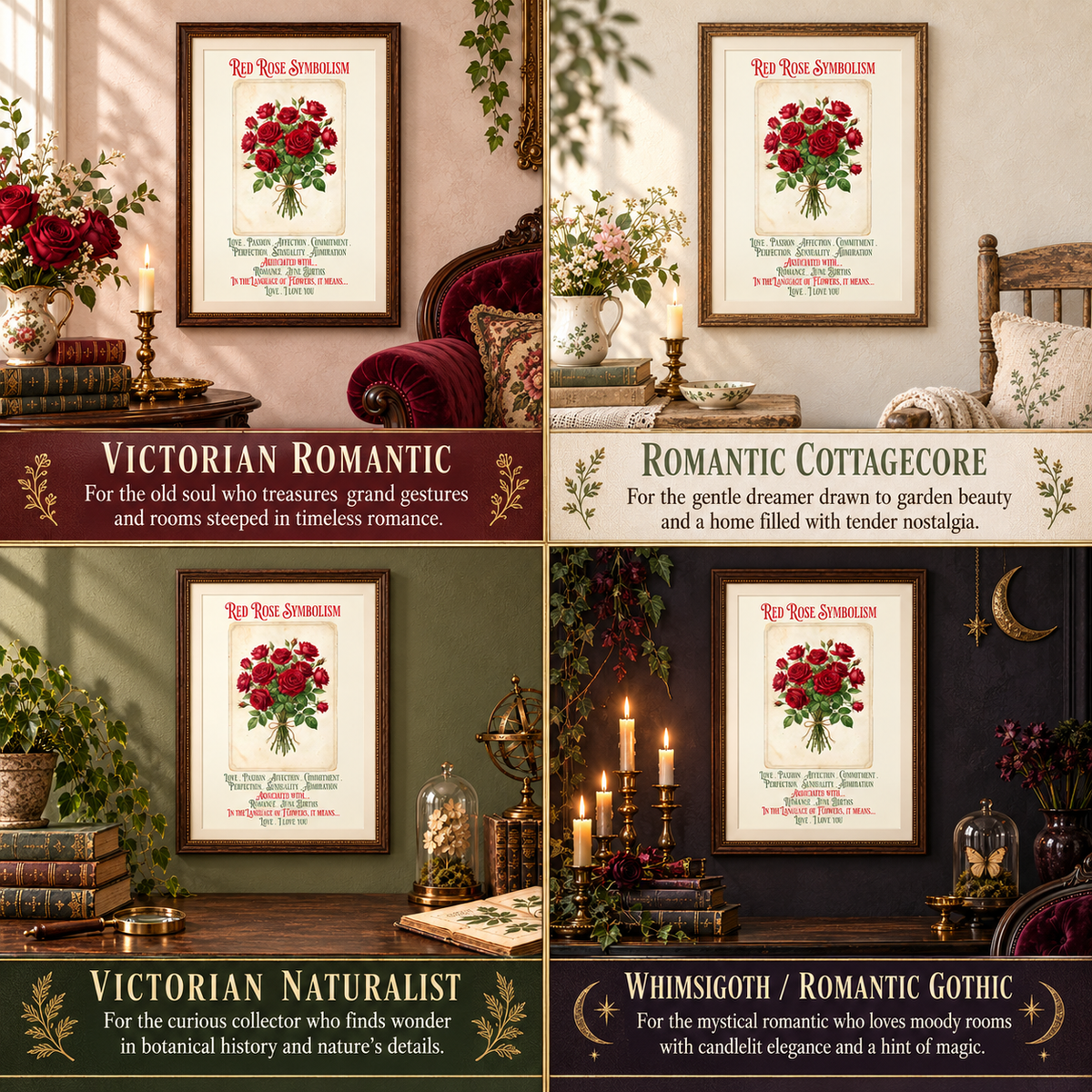 A four-panel collage showing a framed art print titled 'Red Rose Sonnet' styled in different interior settings: Victorian Romantic, Romantic Cottagecore, Victorian Naturalist, and Whimsigoth / Romantic Gothic. Each panel shows the framed print mounted on a wall above furniture and decor, such as books, candles, and vases of flowers, with text banners describing the aesthetic.