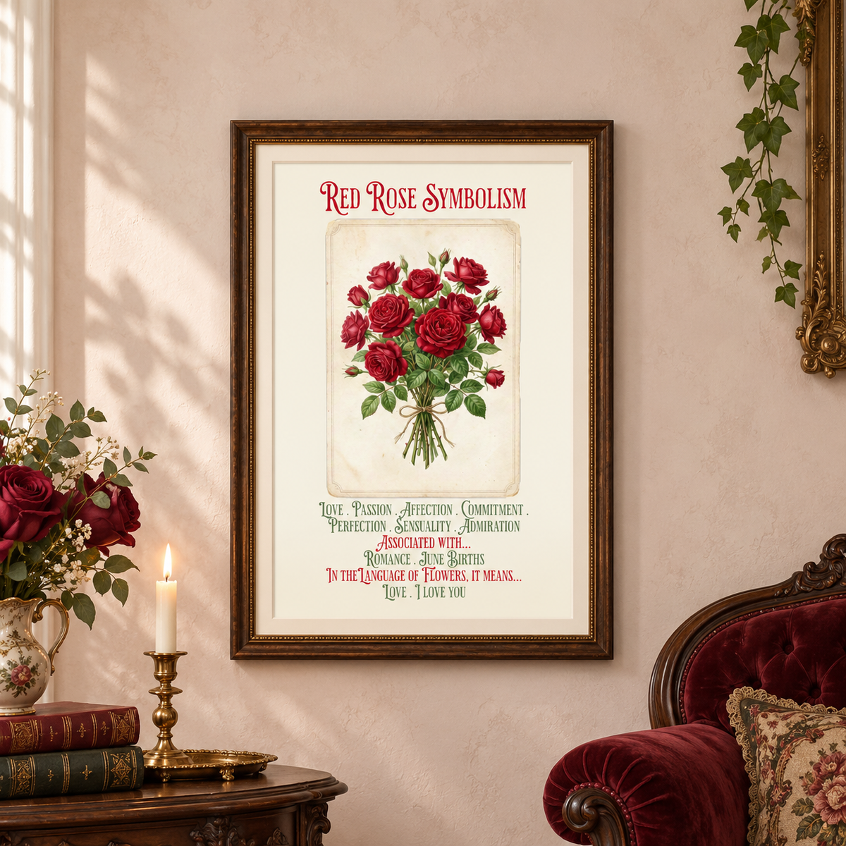 A framed art print featuring 'Red Rose Symbolism' with an illustration of red roses and a quote, displayed on a light pink wall in a styled room setting with a red velvet armchair, candle, a vase of roses, and books.