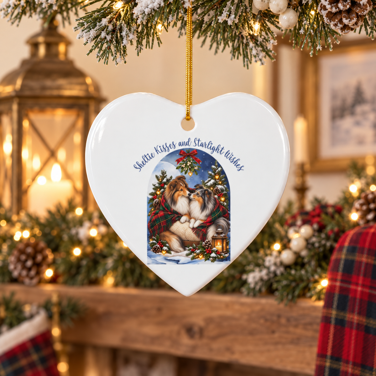 A heart-shaped white ceramic Christmas ornament hanging from a tree branch, featuring a printed illustration of two Sheltie dogs in a festive winter scene with the text 'Sheltie Kisses and Starlight Wishes'. The background shows a blurred holiday setting with a moon, lights, candles, and plaid fabric.