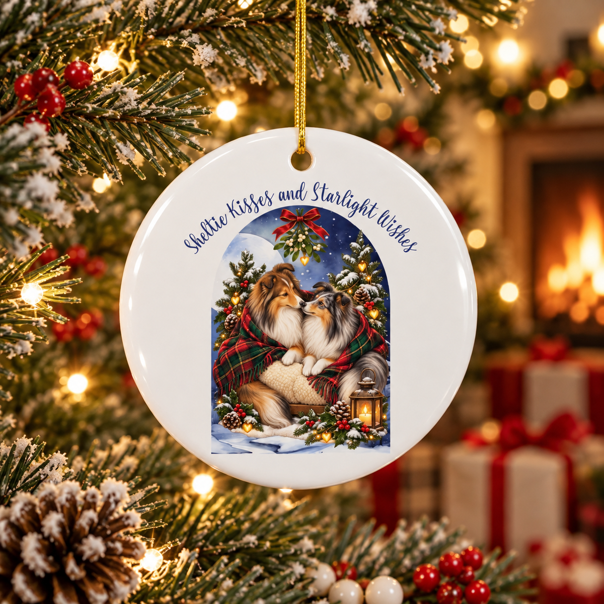 A round white ceramic Christmas ornament hanging on a decorated tree branch. The ornament features an illustration of two shelites nuzzling under a starry night sky, with the text 'Sheltie Kisses and Starlight Wishes' in blue script.