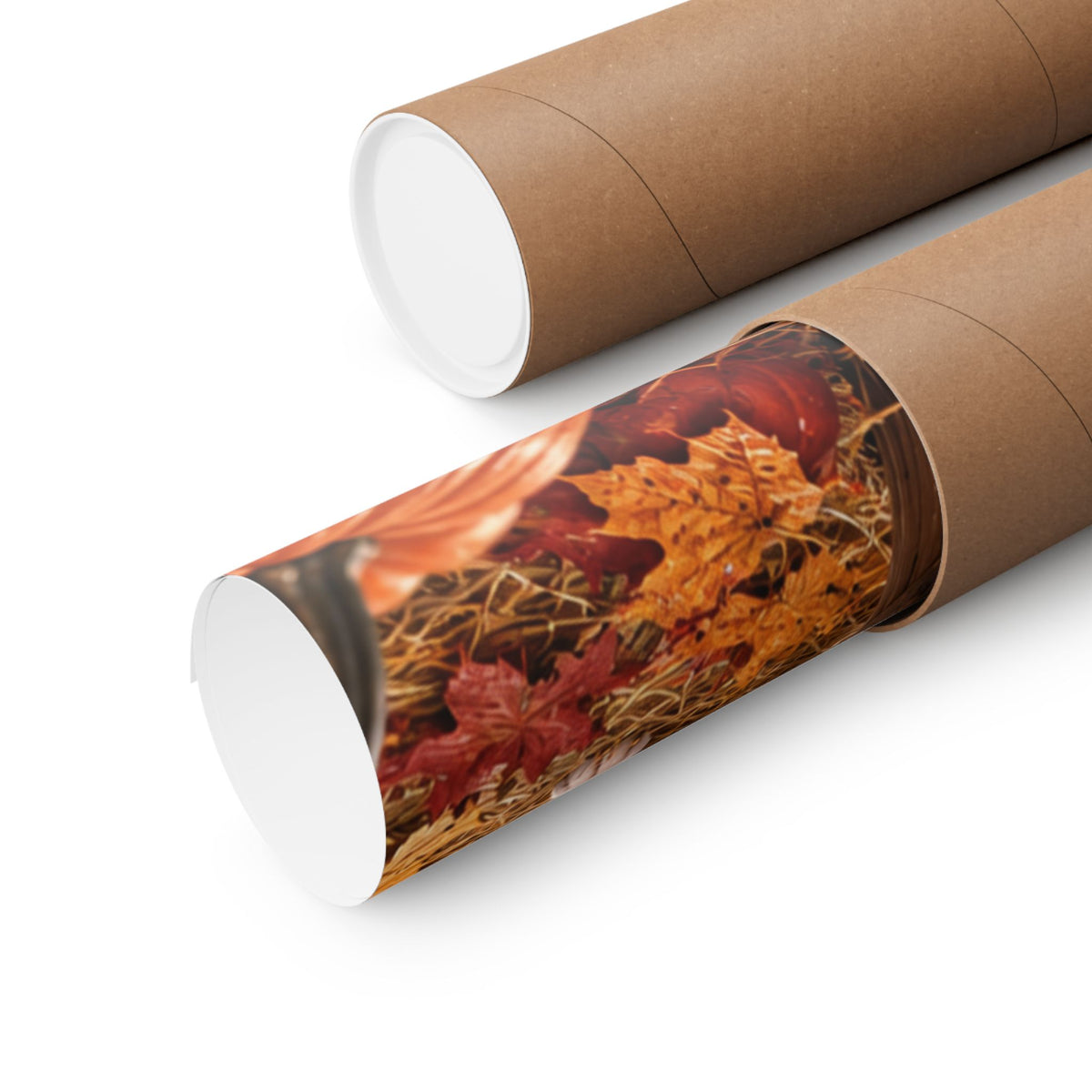 Two brown kraft paper poster tubes shown on a white background, with one tube opened to reveal a rolled up poster.