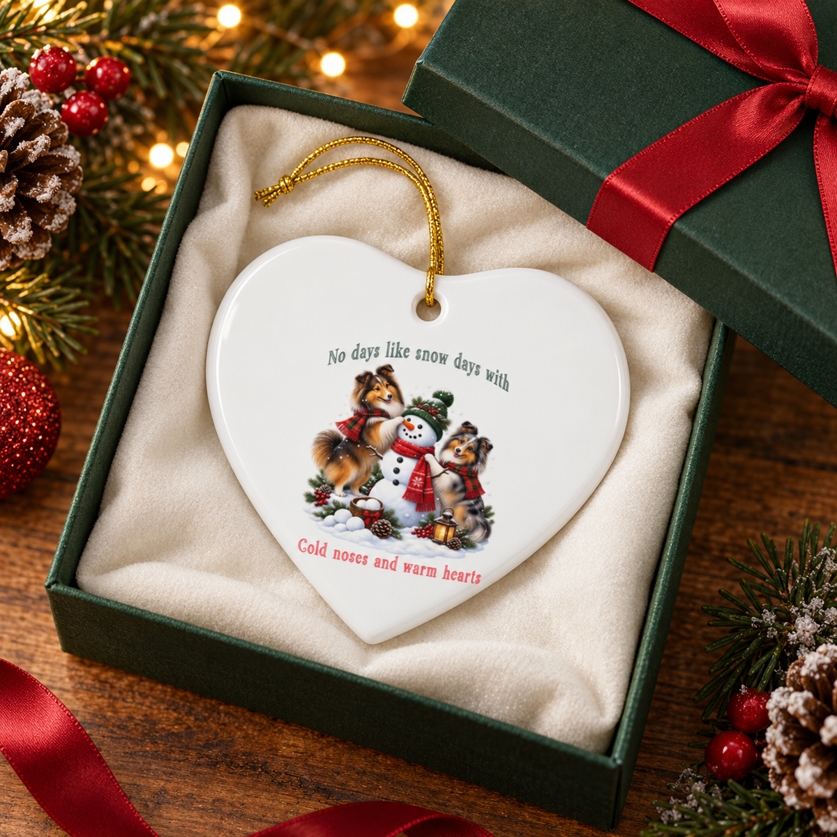 A heart-shaped white ceramic Christmas ornament with a gold hanging loop, displayed inside an open dark green gift box with cream lining and red bow. The ornament features a printed illustration of two shelties building a snowman with the text 'No days like snow days with' above and 'Cold noses and warm hearts' below.