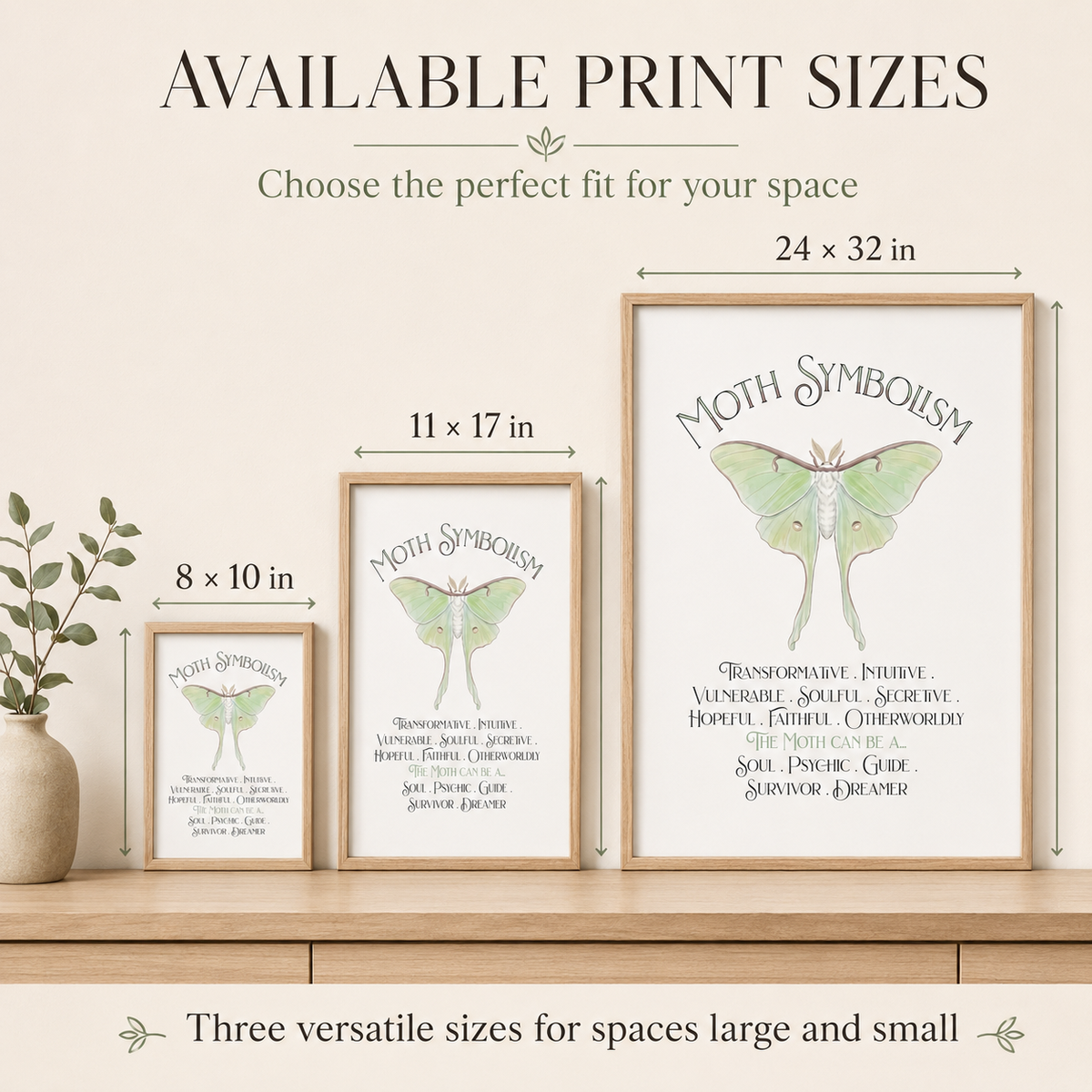 Three framed Moth Symbolism art prints in different sizes (8 x 10 in, 11 x 17 in, 24 x 32 in) displayed on a wooden shelf next to a small potted plant, with text overlays indicating the available print sizes.