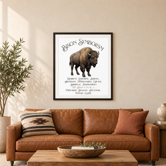 A framed art print featuring a detailed illustration of a bison with the text 'Bison Symbolism' and additional spiritual meanings, displayed on a off-white wall in a rustic living room setting with a leather sofa with pillows behind and a coffee table with a large bowl on top. Nearby is a large potted plant and a side table with a vase and book.