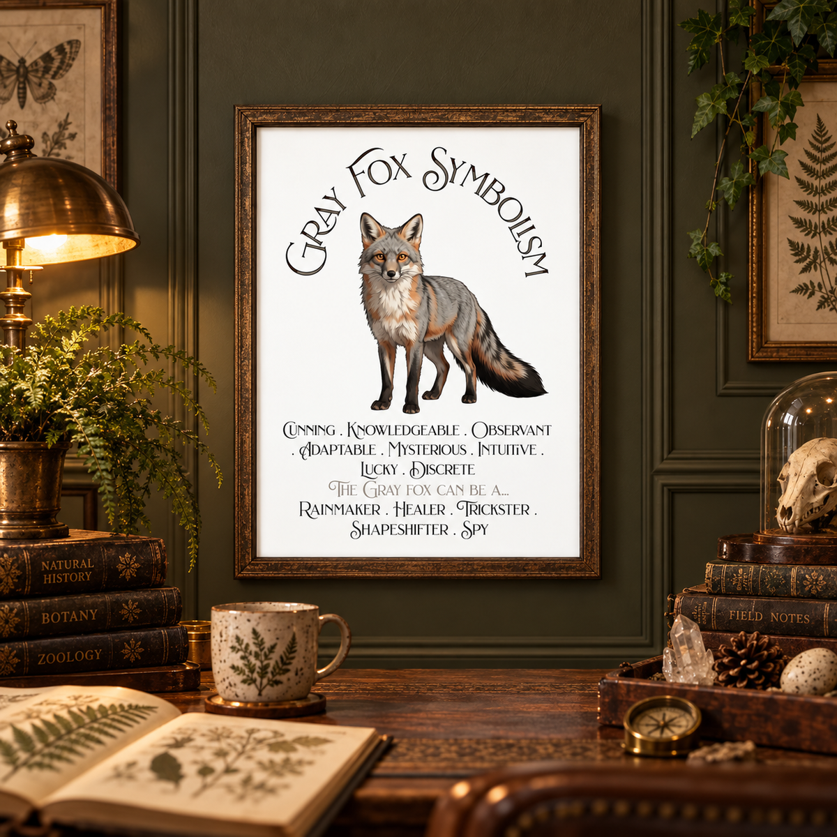 A framed art print featuring a gray fox illustration and the text 'Gray Fox Symbolism' is displayed above a dark wood table in a cozy, vintage-style room with books, a brass lamp, a coffee mug, and botanical decor.