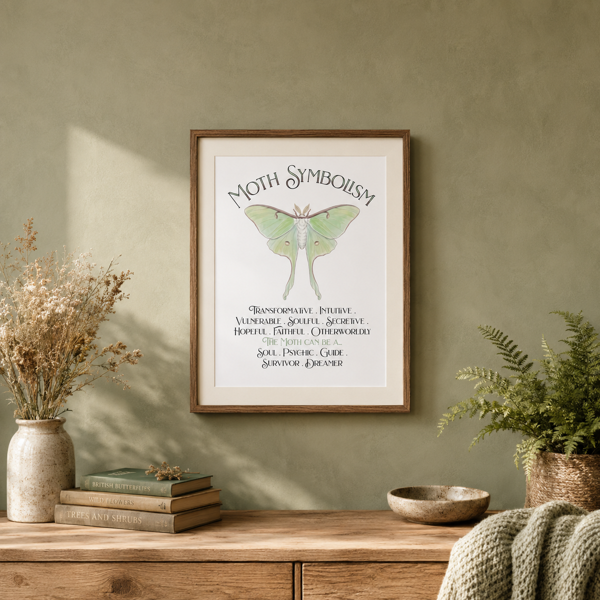 Framed 'Moth Symbolism' art print featuring a green luna moth illustration, displayed on a sage green wall above a wooden console table with books, a vase of dried grass, and a potted fern.