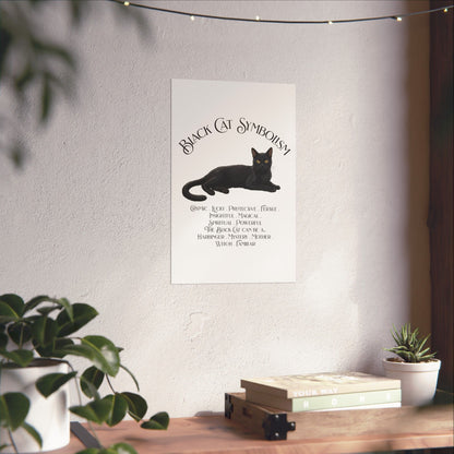 A white wall art print featuring a black cat illustration and the text 'Black Cat Symbolism' hanging on a textured wall above a wooden shelf with books and plants.