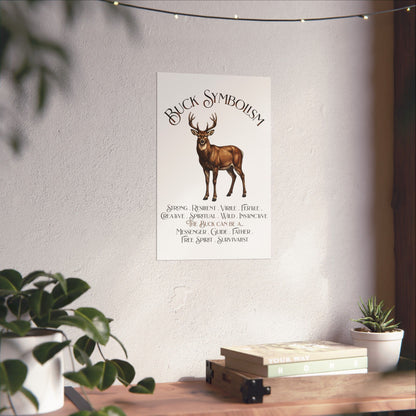 A vertical wall art print featuring a brown male deer illustration and the text 'Buck Symbolism' with additional descriptive text below, displayed on a light wall in a styled interior setting with plants and a wooden shelf.