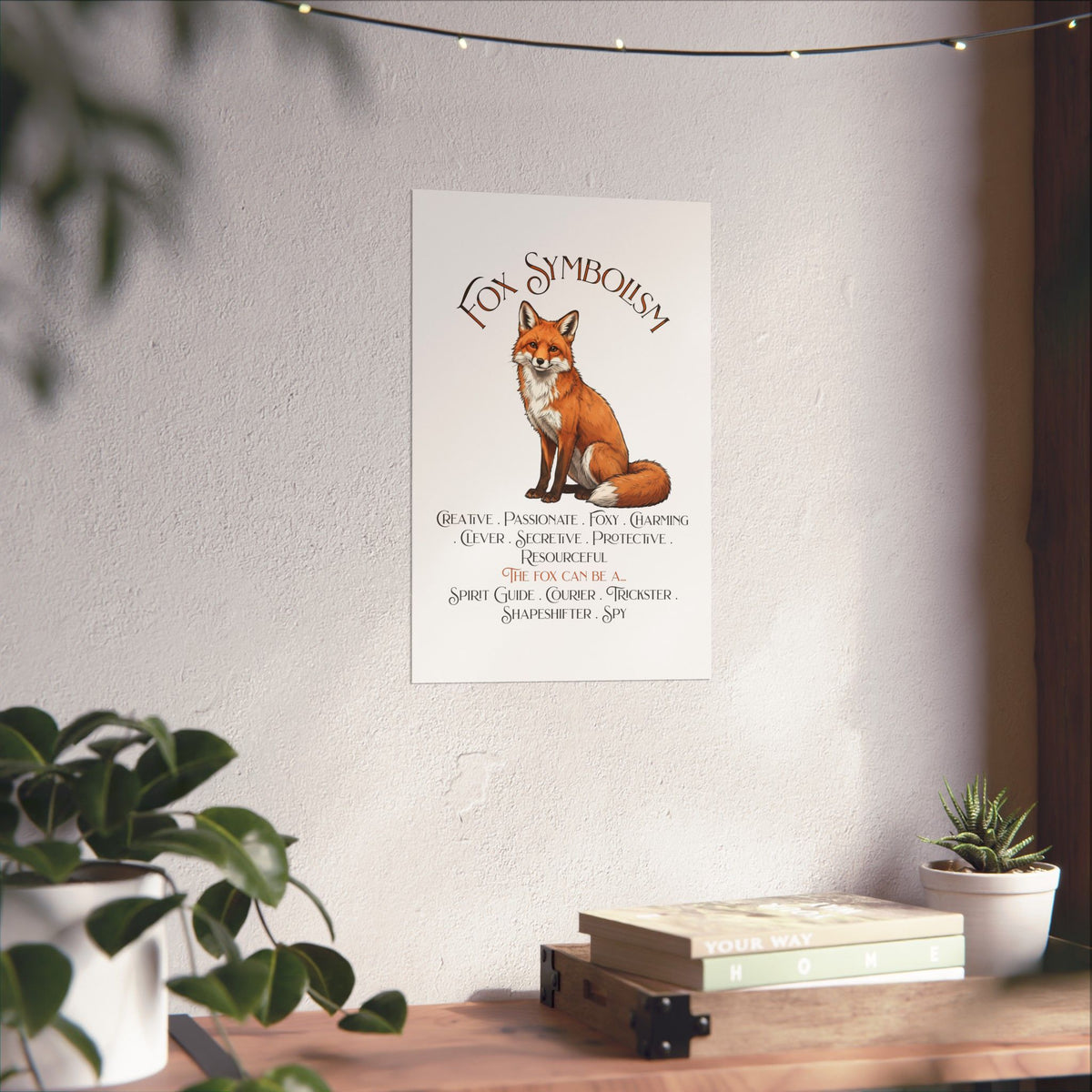 A vertical wall art print featuring an illustrated red fox and the text 'Fox Symbolism' displayed on a textured white wall above a wooden shelf with books and small plants.