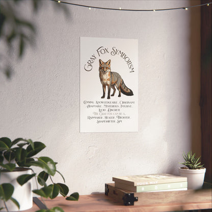 A vertical wall art print featuring a fox illustration and the text 'Gray Fox Symbolism' hanging on a textured wall above a wooden shelf with books and small plants.