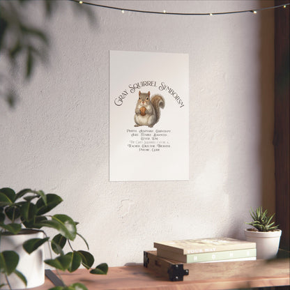 A vertical wall art print featuring a watercolor gray squirrel holding a walnut with the text 'Gray Squirrel Symbolism' and a list of traits, displayed on a light wall above a wooden console table with plants.